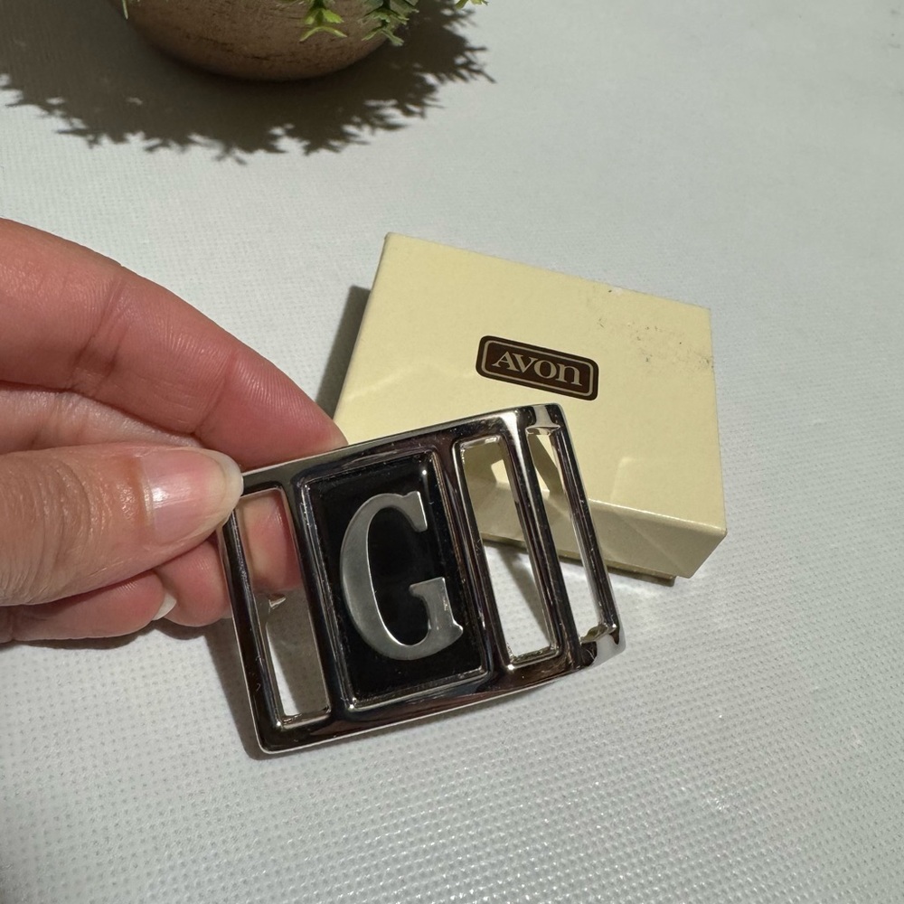 Avon Vintage Initial G Belt Buckle Silver Toned Black Classic Western Biker Goth